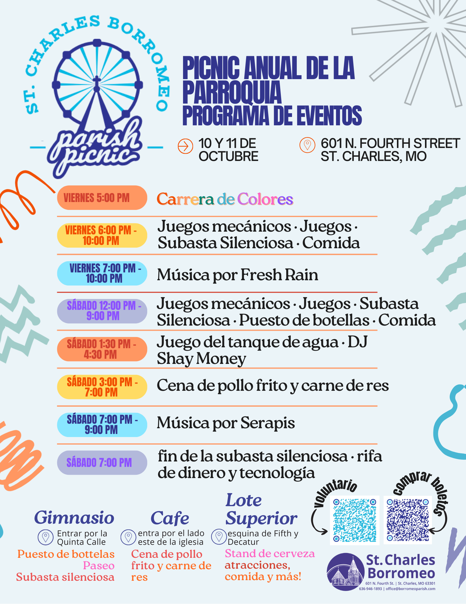 Horario del Picnic Parroquial con una foto de las carpas del picnic del año pasado, una rueda de la fortuna y mucha gente.